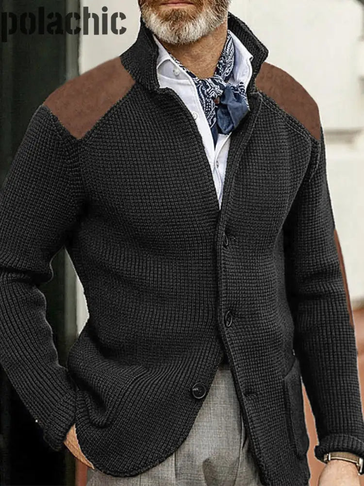 Cowboy Texture Western Village Chasse Bouton V-Cou En Plein Air Épais Tricot Cardigan Noir / S