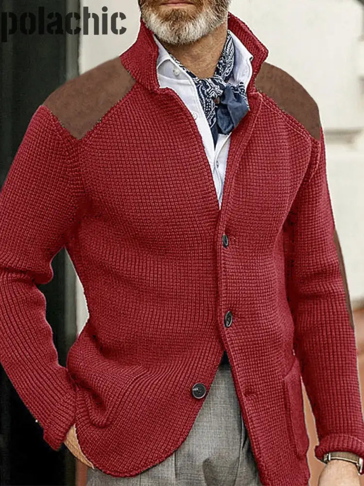Cowboy Texture Western Village Chasse Bouton V-Cou En Plein Air Épais Tricot Cardigan Rouge / S