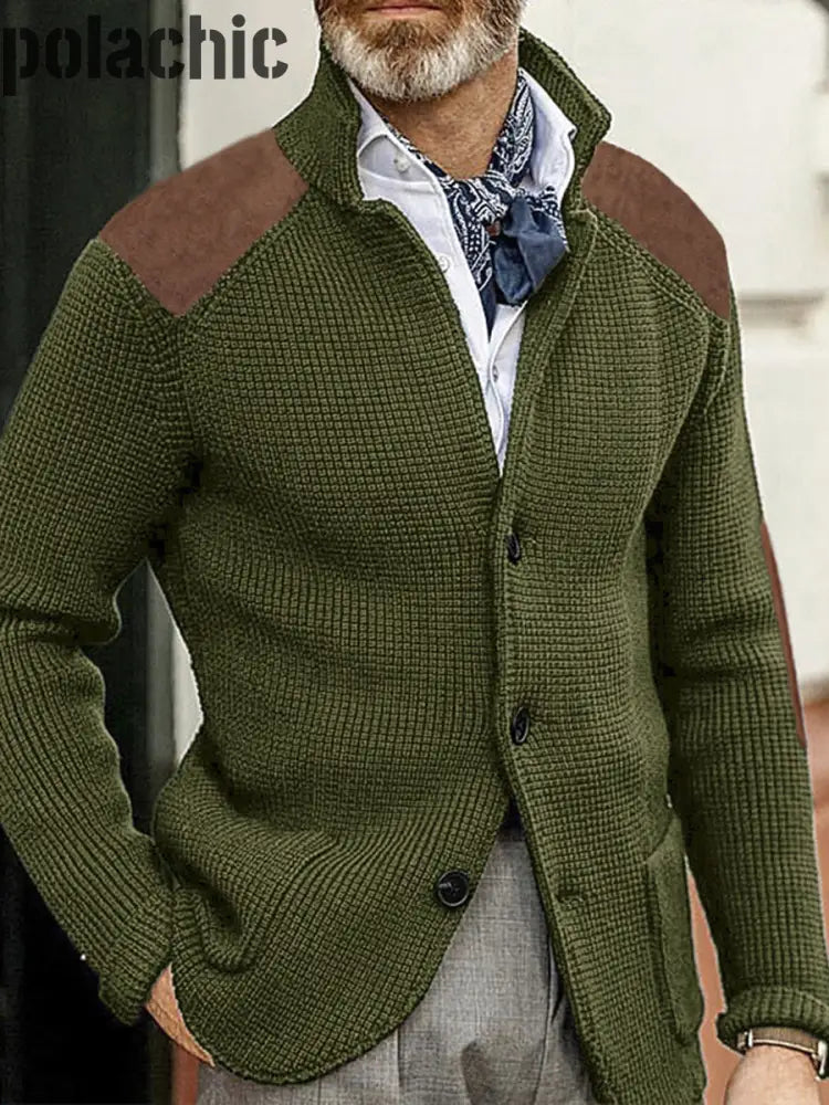 Cowboy Texture Western Village Chasse Bouton V-Cou En Plein Air Épais Tricot Cardigan Vert Armée / S