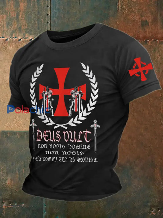 Croisés catholiques Deus vult God Wills It T-shirt imprimé pour hommes Noir / S