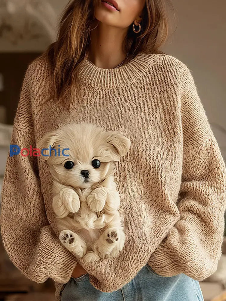 Dessus d’impression de chien d’automne des femmes Abricot / S