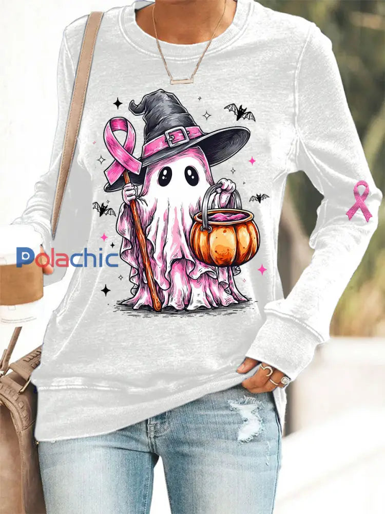 En Octobre des femmes nous portons rose Halloween rose fantôme impression cancer du sein sensibilisation soutien