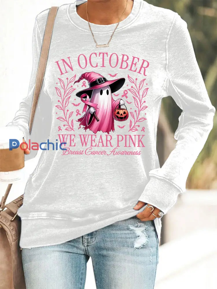 En Octobre des femmes nous portons rose Halloween rose fantôme sensibilisation au cancer du sein soutien Sweatshirt