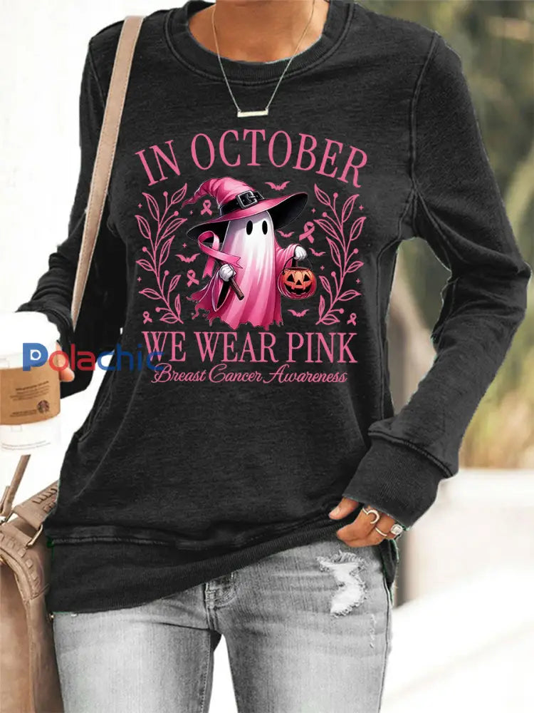 En Octobre des femmes nous portons rose Halloween rose fantôme sensibilisation au cancer du sein soutien Sweatshirt