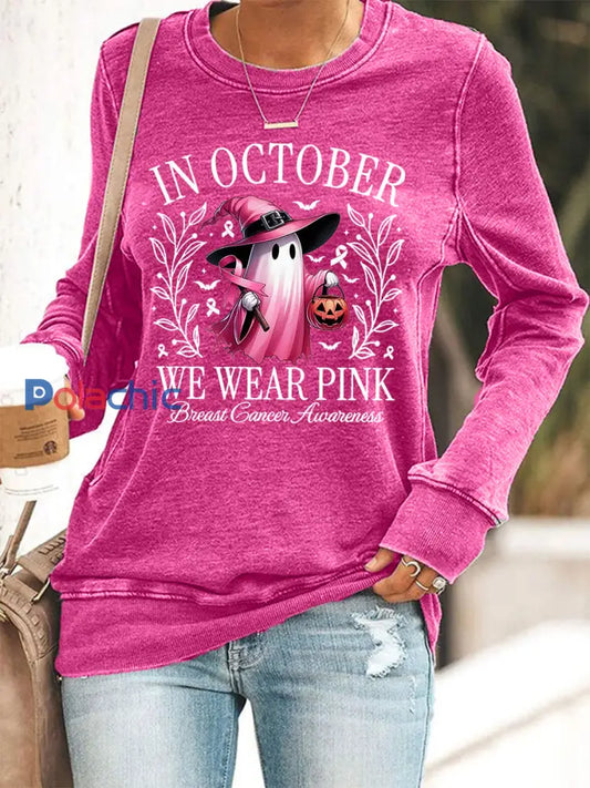 En Octobre des femmes nous portons rose Halloween rose fantôme sensibilisation au cancer du sein soutien Sweatshirt