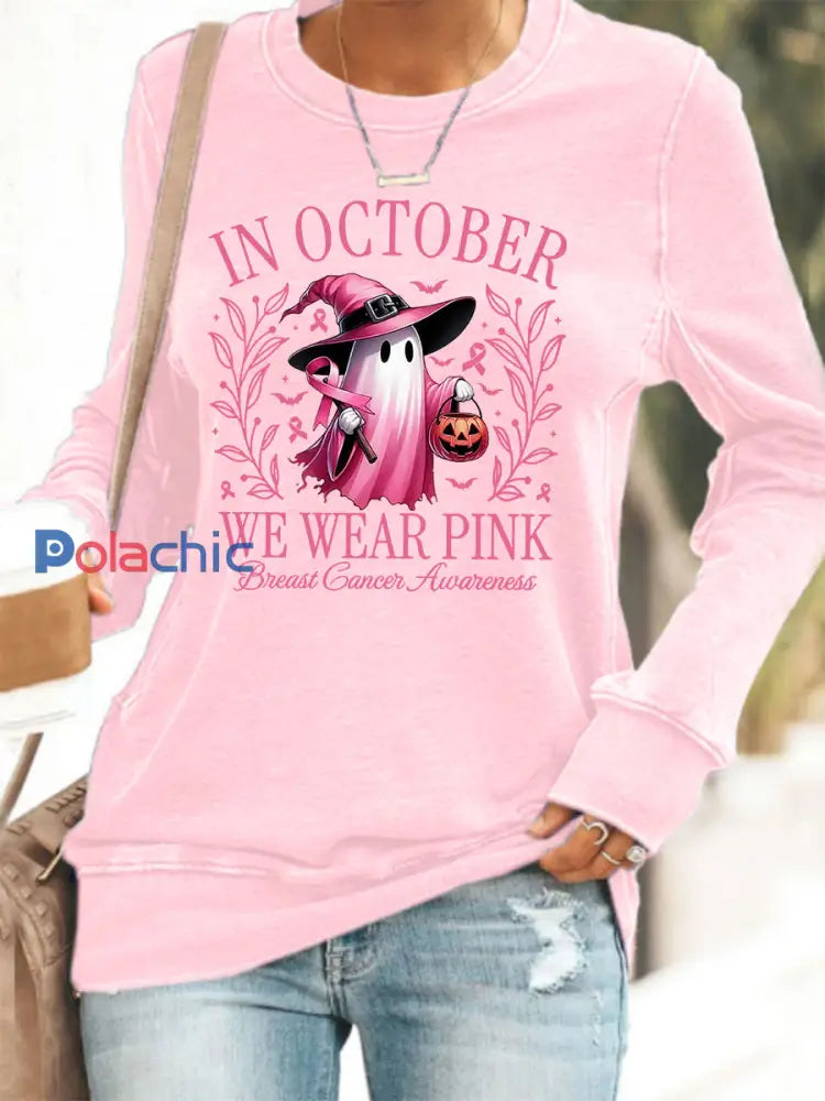 En Octobre des femmes nous portons rose Halloween rose fantôme sensibilisation au cancer du sein soutien Sweatshirt