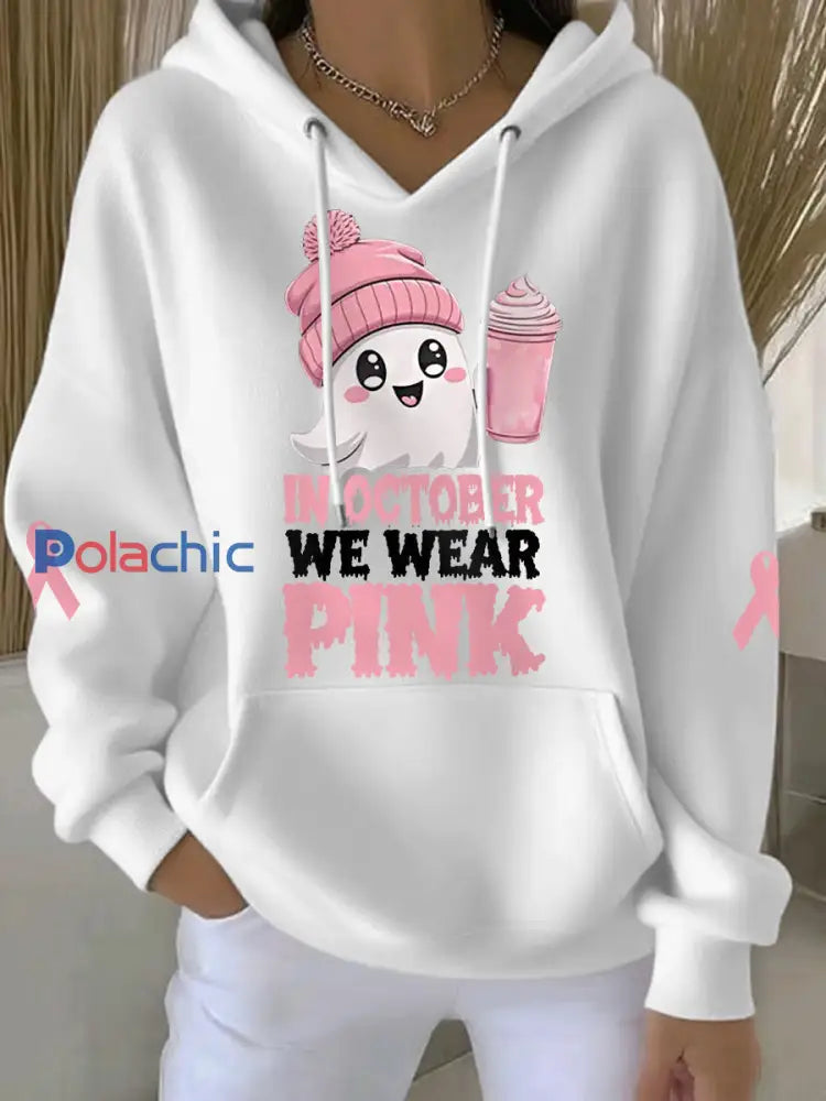 En Octobre des femmes nous portons rose Halloween rose Ghost Print cancer du sein Sensibilisation Hoodie Blanc / S