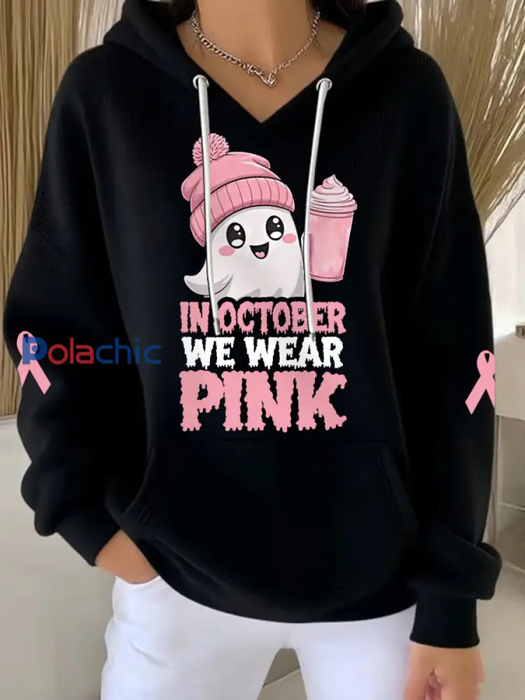 En Octobre des femmes nous portons rose Halloween rose Ghost Print cancer du sein Sensibilisation Hoodie Noir / S