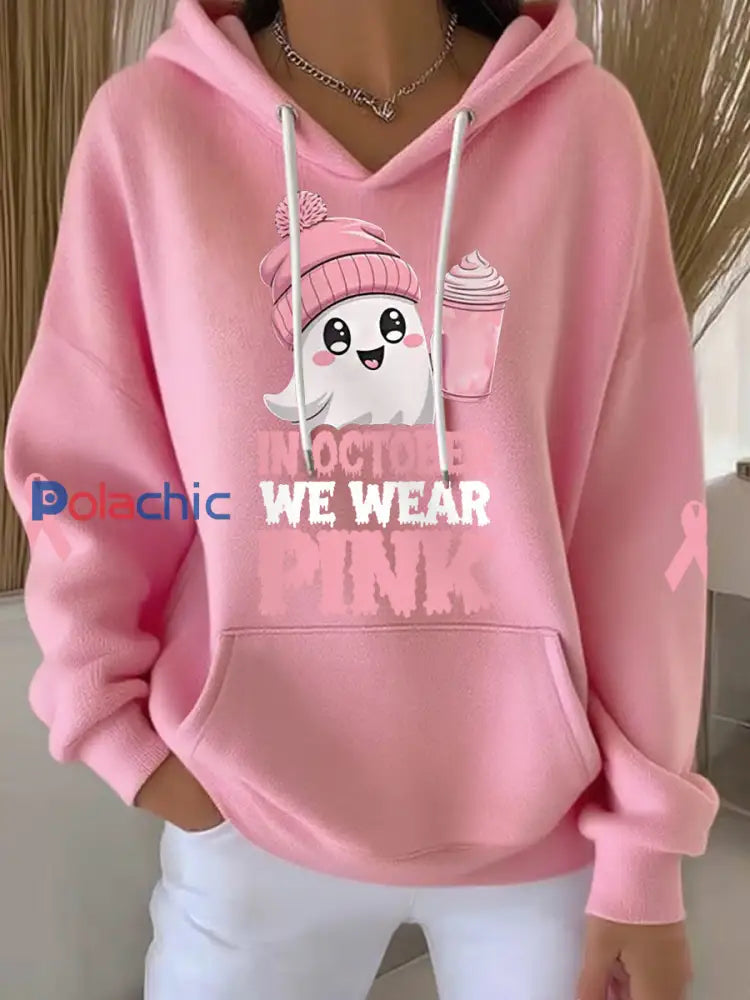 En Octobre des femmes nous portons rose Halloween rose Ghost Print cancer du sein Sensibilisation Hoodie Rose / S