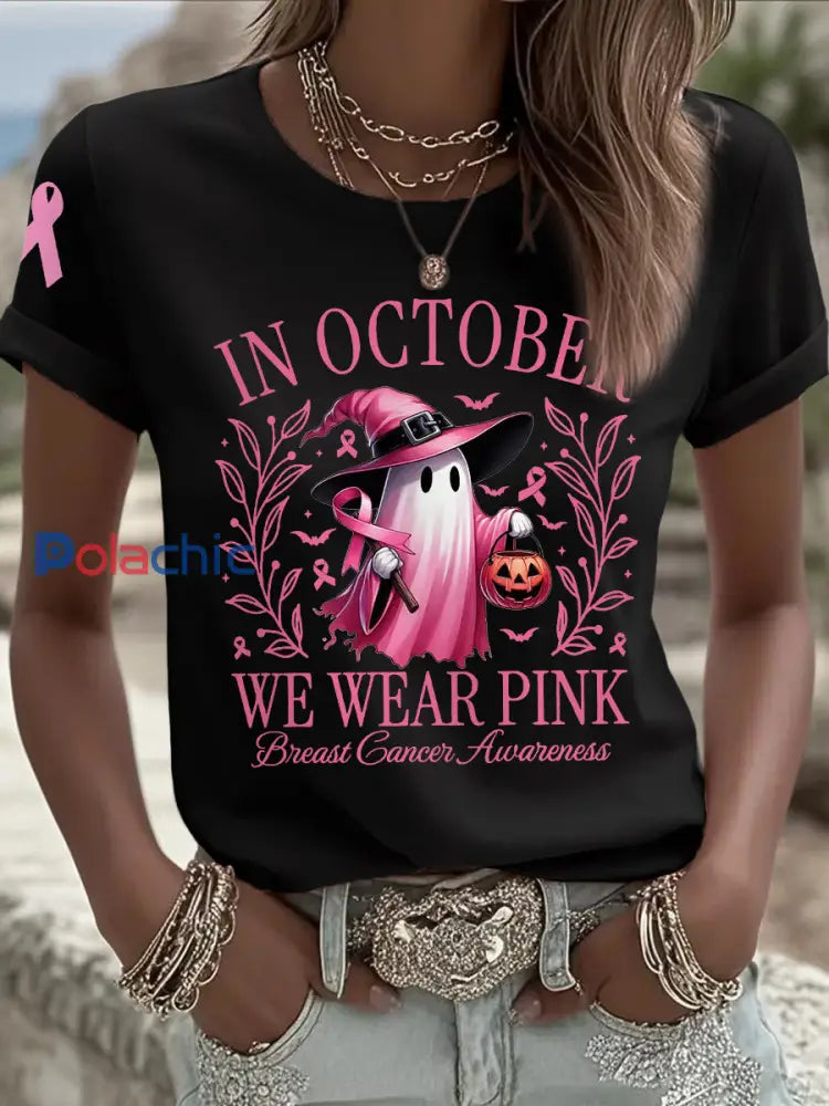 En octobre nous portons des femmes rose Halloween rose Ghost Print Breast Cancer Awareness Support Tee Noir / S