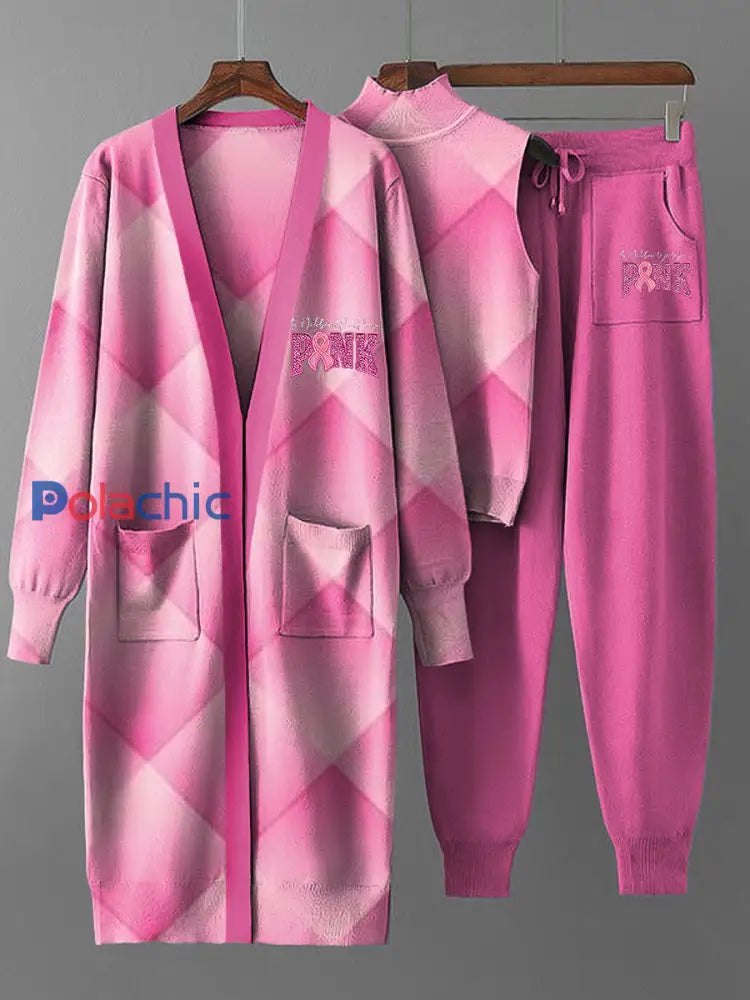 Ensemble de trois pièces en tricot de manteau à carreaux rose vintage pour femmes Multicolore / S