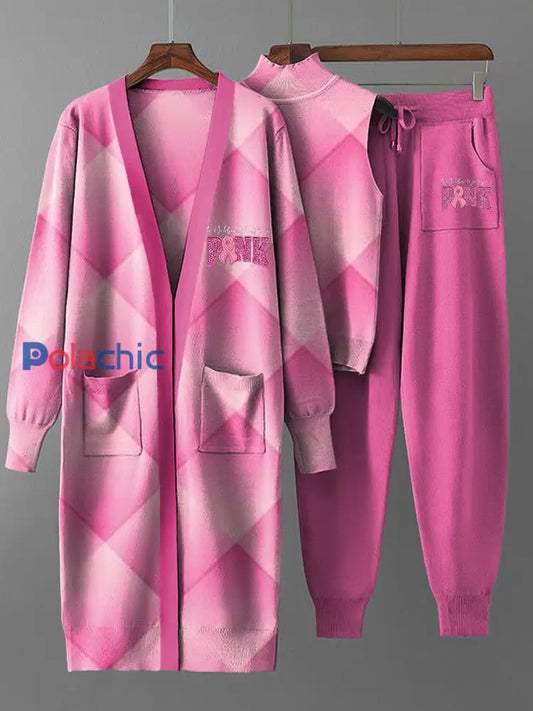 Ensemble de trois pièces en tricot de manteau à carreaux rose vintage pour femmes Multicolore / S