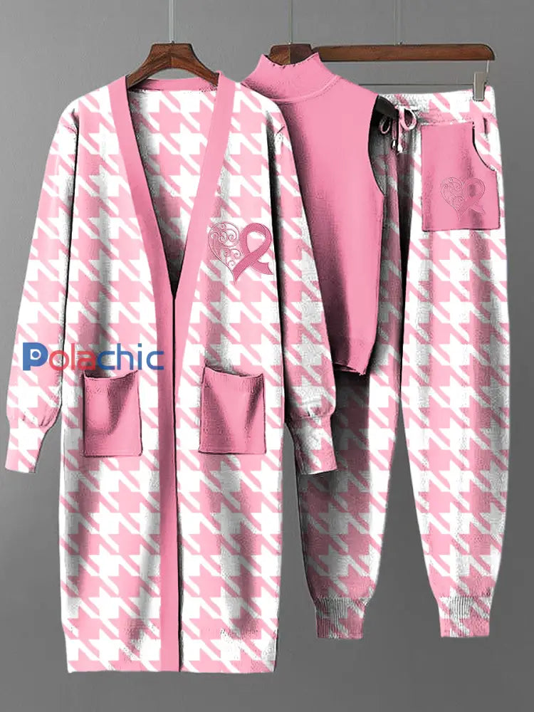 Ensemble de trois pièces en tricot pour femmes Vintage Breast Cancer Houndstooth Long Coat Multicolore / S