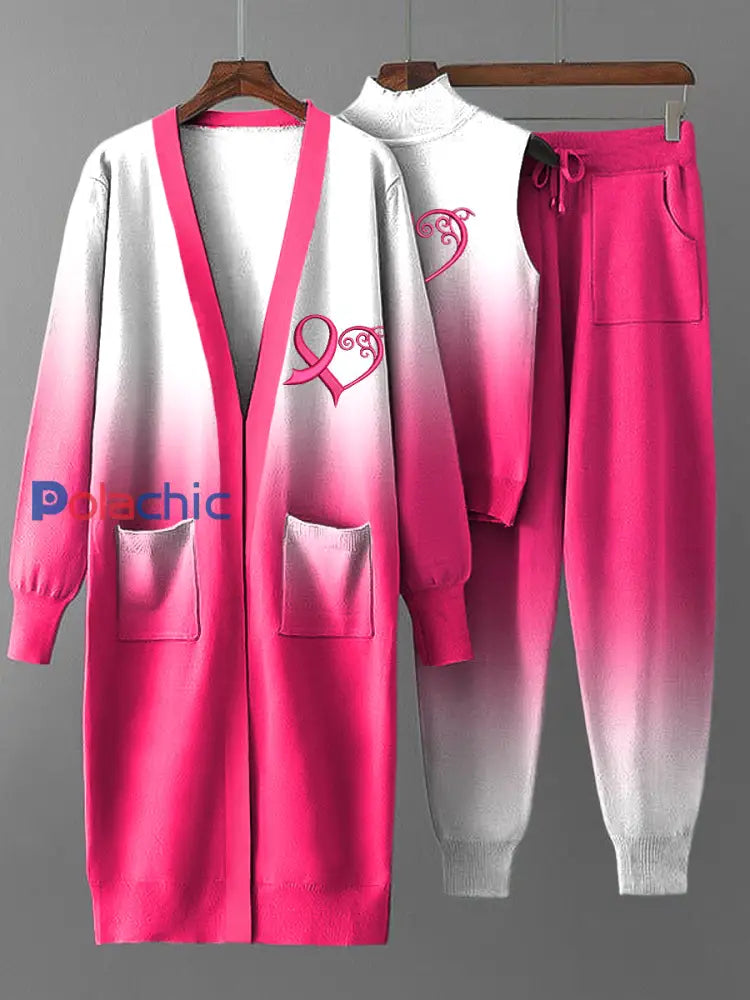 Ensemble de trois pièces en tricot pour femmes Vintage Pink Heart-Print Ribbon Coat Multicolore / S