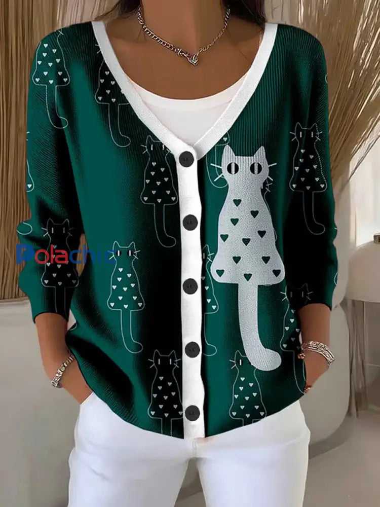 Femme CAT Sensibilisation au cancer du sein Imprimer boutonné V cou Cardigan Pull Vert / S
