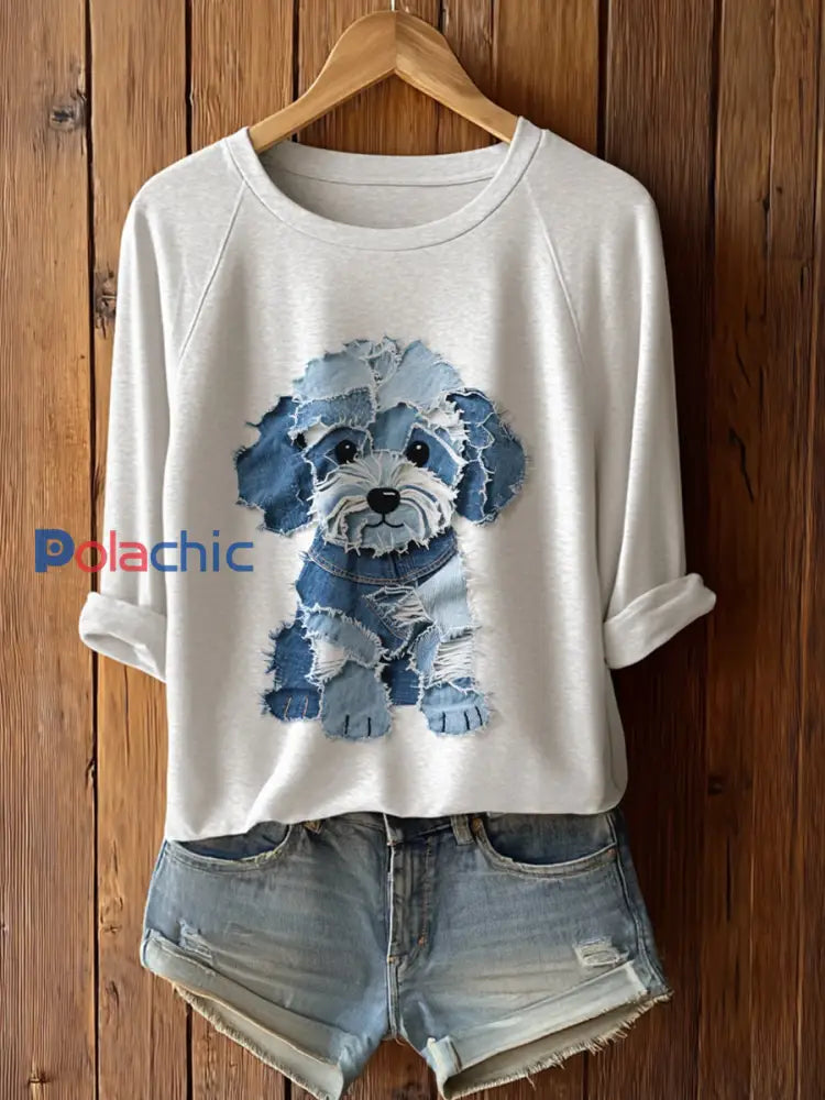 Femme Chien Mignon Patchwork Art Manches Longues T-Shirto Blanc / S