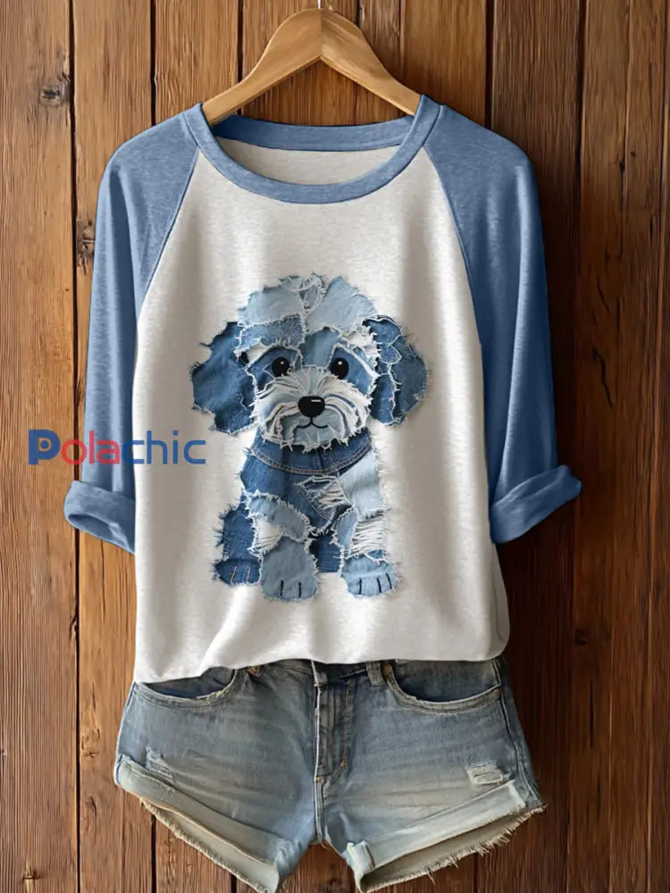 Femme Chien Mignon Patchwork Art Manches Longues T-Shirto Bleu Clair / S