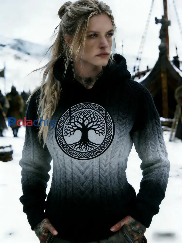 Femme Retro Viking Nordic Wolf Gradient Celtic Knot Sweat à capuche Noir / S