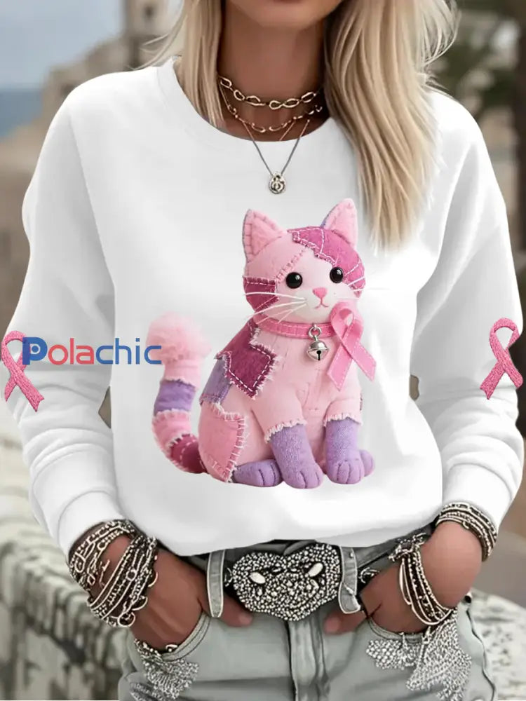 Femme Rose Chat Rose Ruban de Soutien de Sensibilisation au Cancer du Sein Sweatshirt Blanc / S