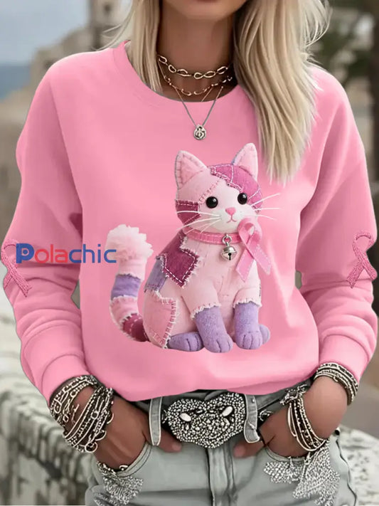 Femme Rose Chat Rose Ruban de Soutien de Sensibilisation au Cancer du Sein Sweatshirt Rose / S