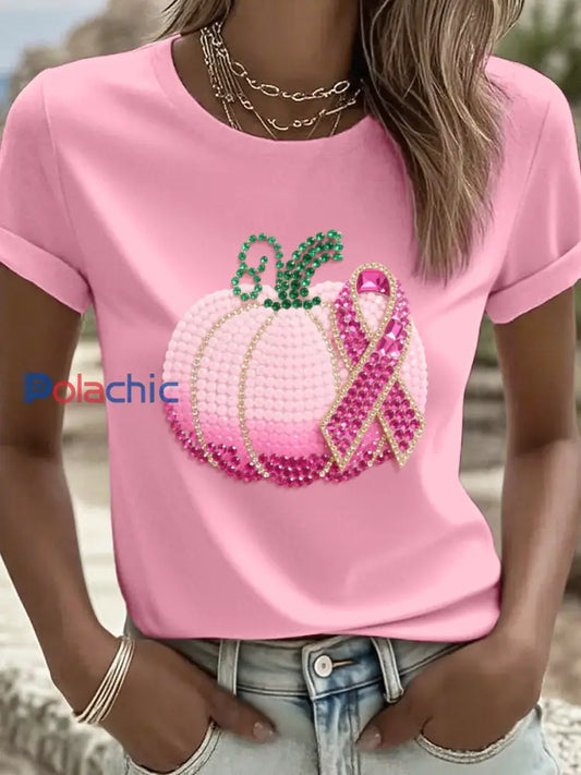 Femme Rose Citrouille et Ruban Strass Art T Shirt Rose / S