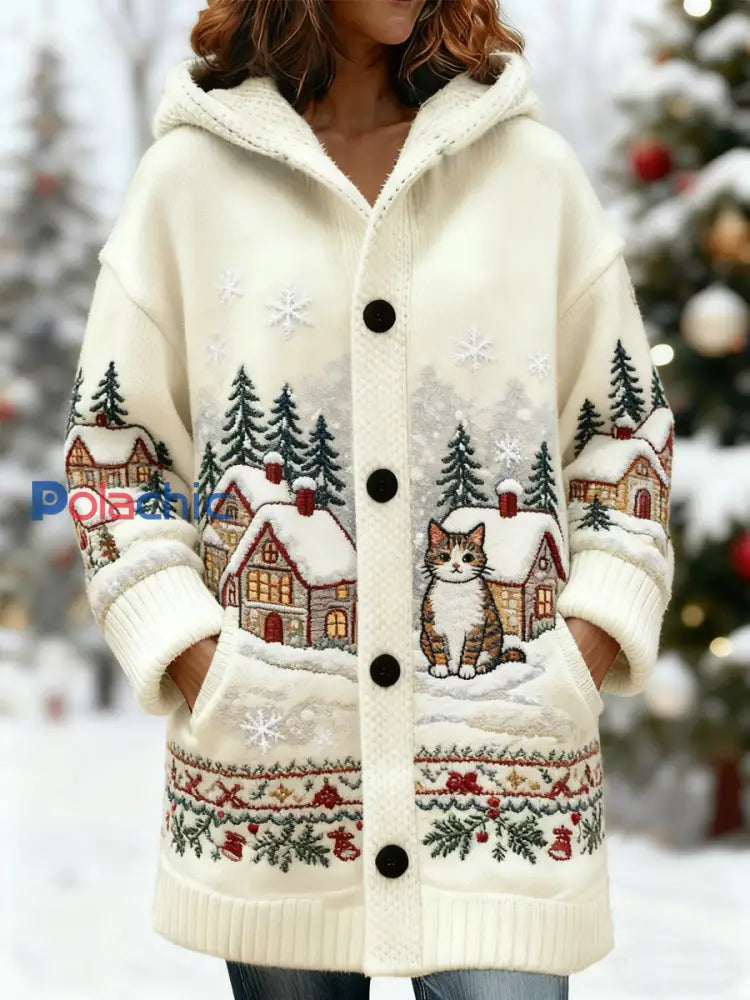 Femme Vintage Noël Mignon Chat Neige Scène Imprimer Casual Mi-Longueur Cardigan À Capuche Blanc-Crémeux / S