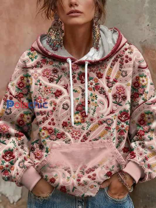 Femmes Boho sensibilisation au cancer du sein Floral Art imprimé Hoodie Rose / S