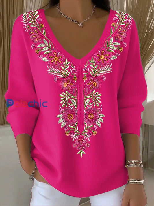 Femmes Breast Cancer Rose Floral V-Neck Tops Rose Foncé / S