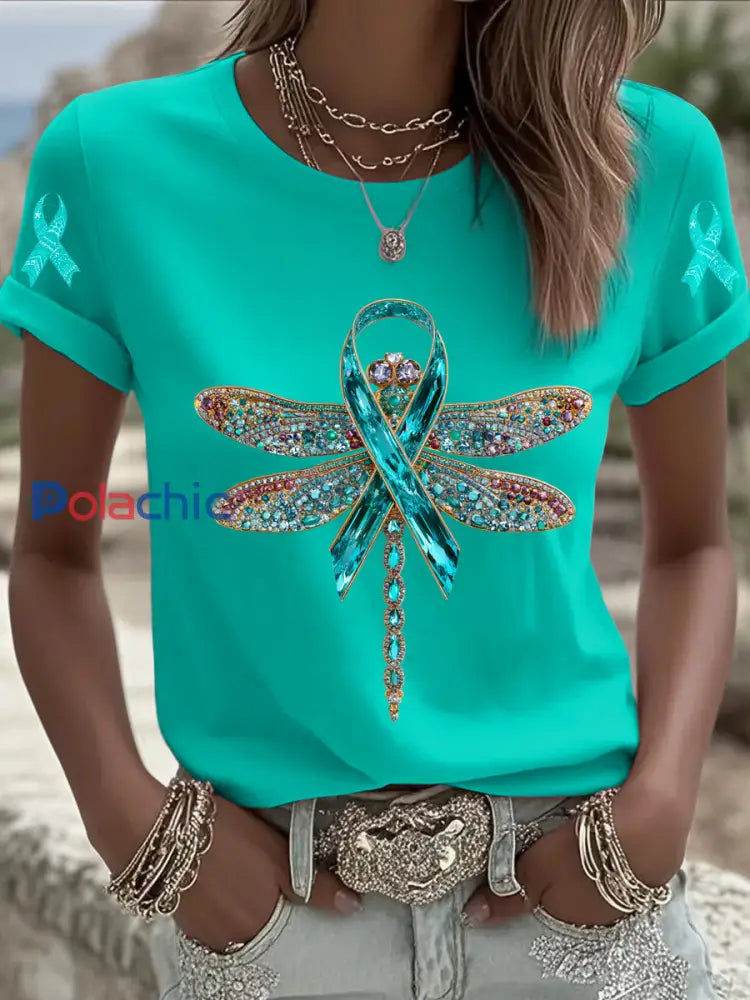 Femmes Cancer de l’ovaire libellule imprimé mode Vintage lâche T-shirt à manches courtes Bleu-Vert / S