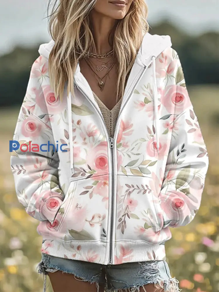 Femmes cancer du sein fleurs Imprimer Zip-Up Hoodie comme image / S