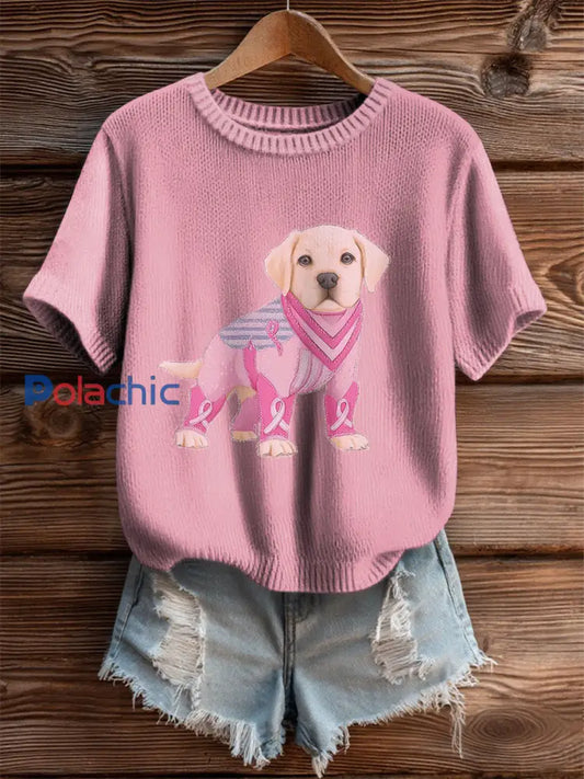 Femmes Cancer Du Sein Patchwork Chien Art Haut En Tricot Confortable Rose / S