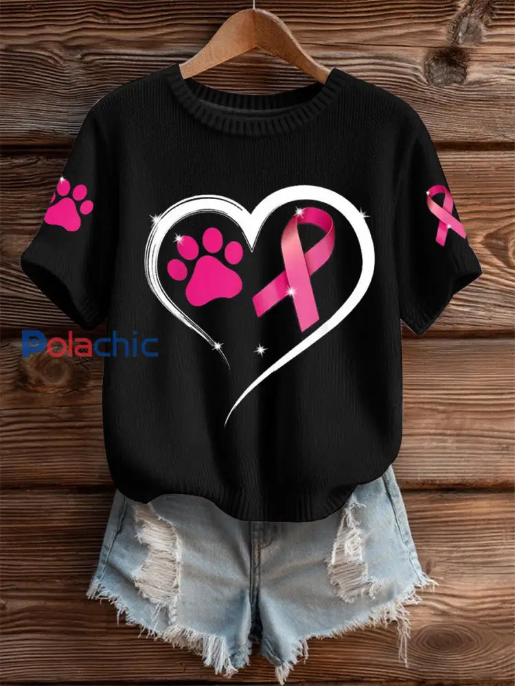Femmes Cancer Du Sein Sensibilisation Chien Patte Imitation Pull T shirt à manches courtes Noir / S