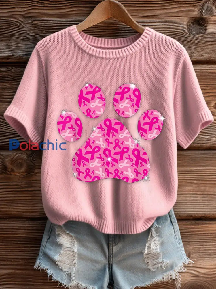 Femmes Cancer du sein Sensibilisation Chien Pattes Imitation Pull T shirt à manches courtes Rose / S