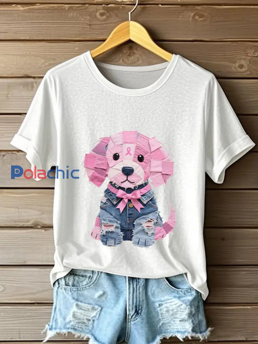Femmes Cancer du sein Sensibilisation Denim Puppy Imprimer T-Shirt Blanc / S