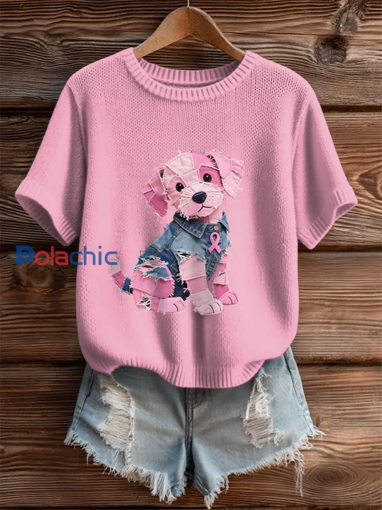 Femmes Cancer du sein Sensibilisation Denim Puppy Imprimer T-Shirt Rose / S
