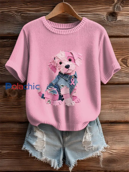 Femmes Cancer du sein Sensibilisation Denim Puppy Imprimer T-Shirt Rose / S