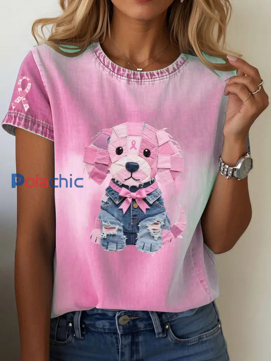 Femmes Cancer du sein Sensibilisation Denim Puppy Imprimer T-Shirt Rose / S