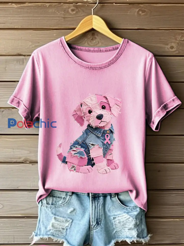 Femmes Cancer du sein Sensibilisation Denim Puppy Imprimer T-Shirt Rose / S