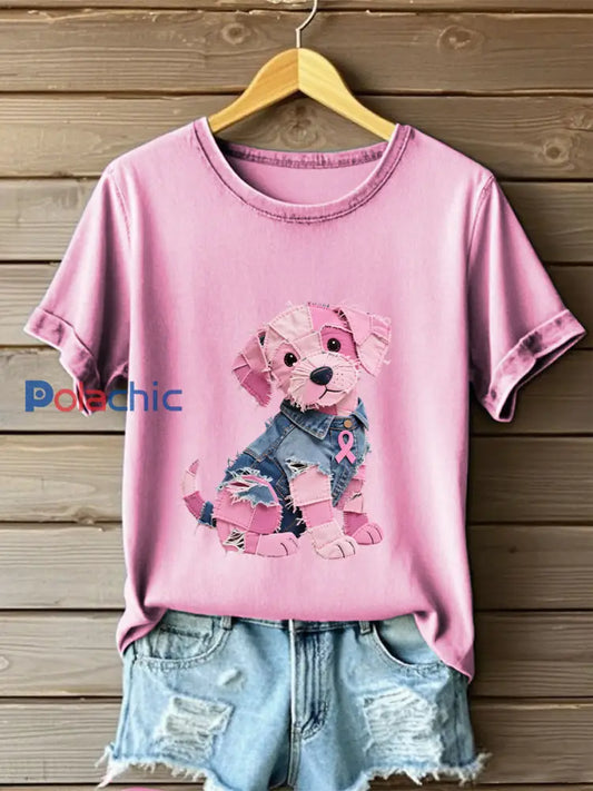 Femmes Cancer du sein Sensibilisation Denim Puppy Imprimer T-Shirt Rose / S