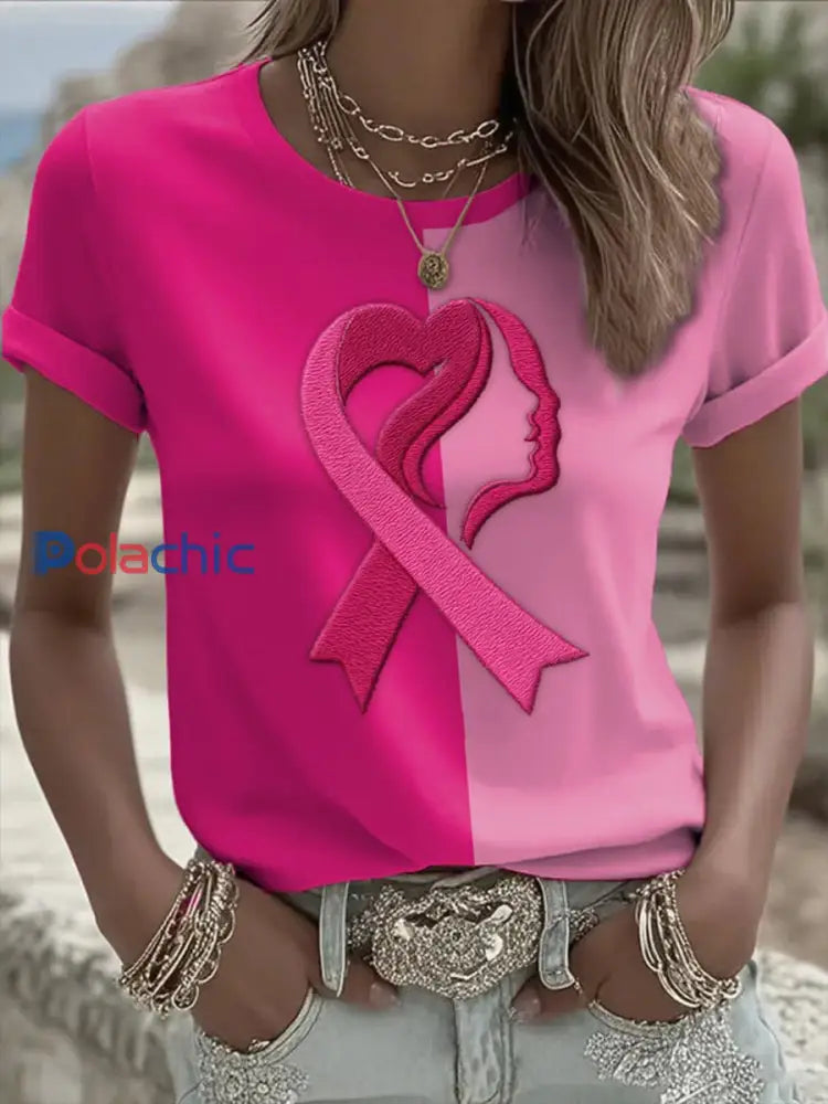 Femmes Casual Cancer Du Sein Amour Ruban Contraste Couleur T-shirt À Manches Courtes comme image / S