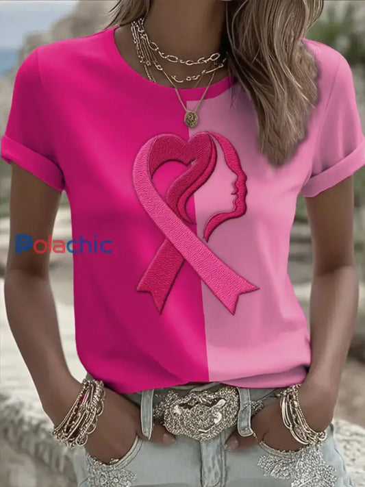 Femmes Casual Cancer Du Sein Amour Ruban Contraste Couleur T-shirt À Manches Courtes comme image / S