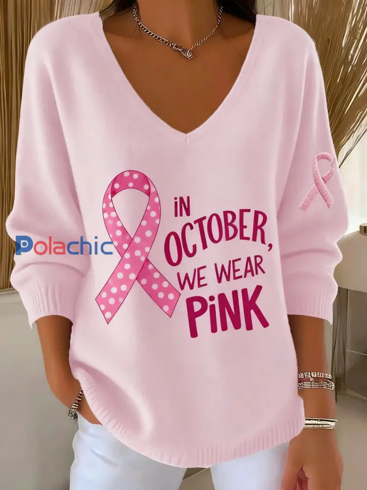 Femmes Casual Cancer Du Sein Mois De Sensibilisation Ruban Imprimé Floral V-Neck Top Rose / S