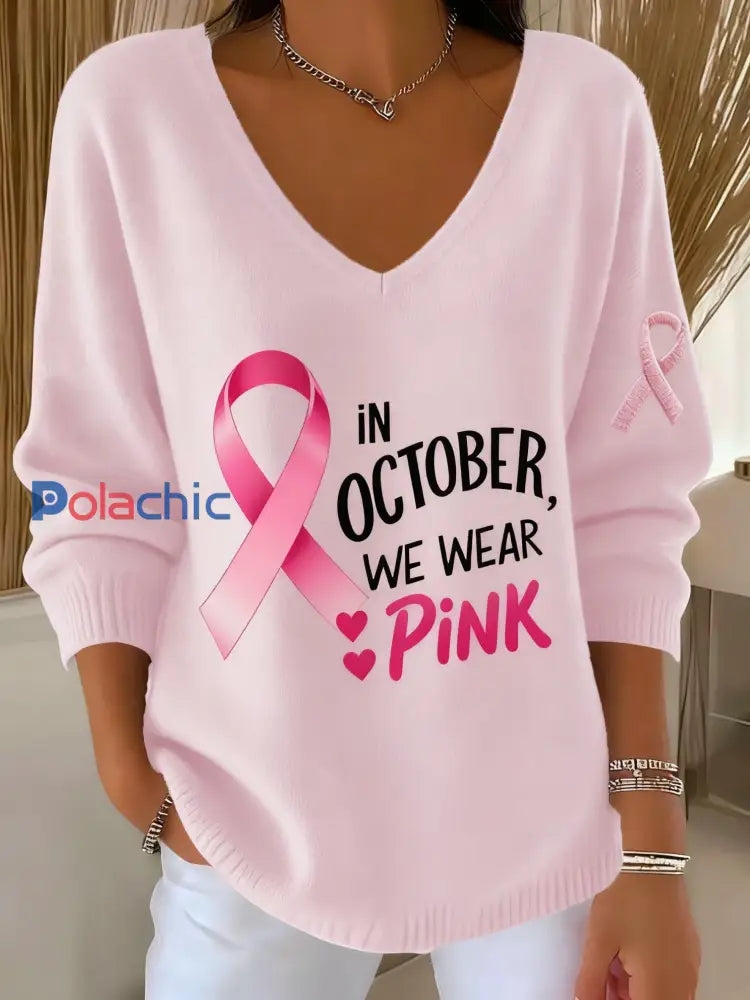 Femmes Casual Cancer Du Sein Mois De Sensibilisation Ruban Imprimé Floral V-Neck Top Rose / S