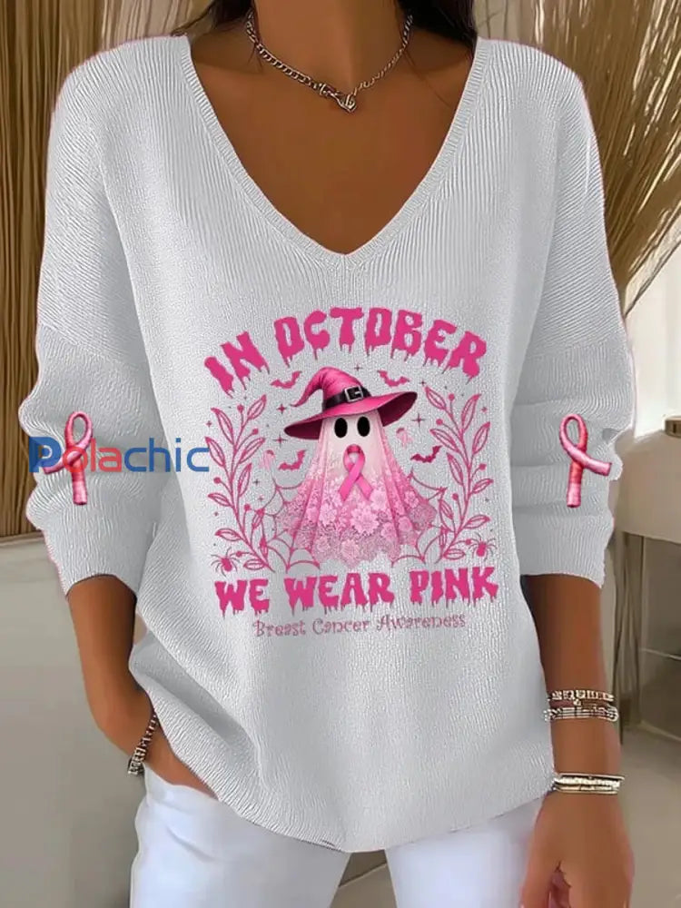 Femmes Casual Cancer Du Sein Nous Portons Octobre Rose Ghost Pit Stripe Haut À Manches Longues Blanc / S