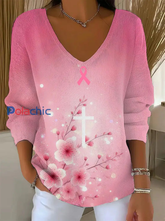 Femmes croix fleur de cerisier rose sensibilisation au cancer du sein à manches longues top Rose / S