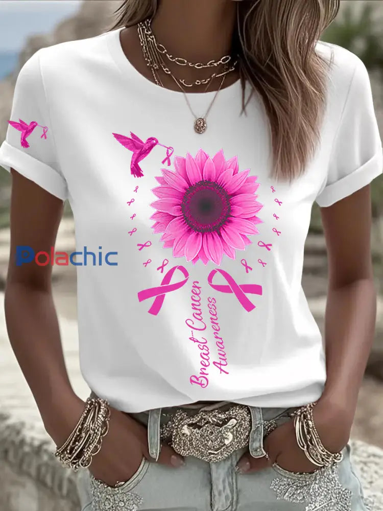 Femmes de sensibilisation au cancer du sein Colibri tournesol ruban rose à manches courtes T shirt Blanc / S