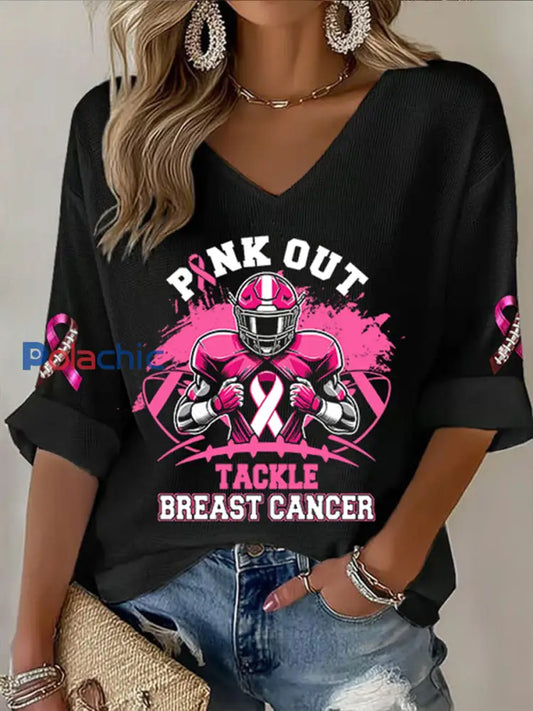 Femmes de sensibilisation au cancer du sein Football rose sur le ruban rose impression gaufre T shirt Noir / S