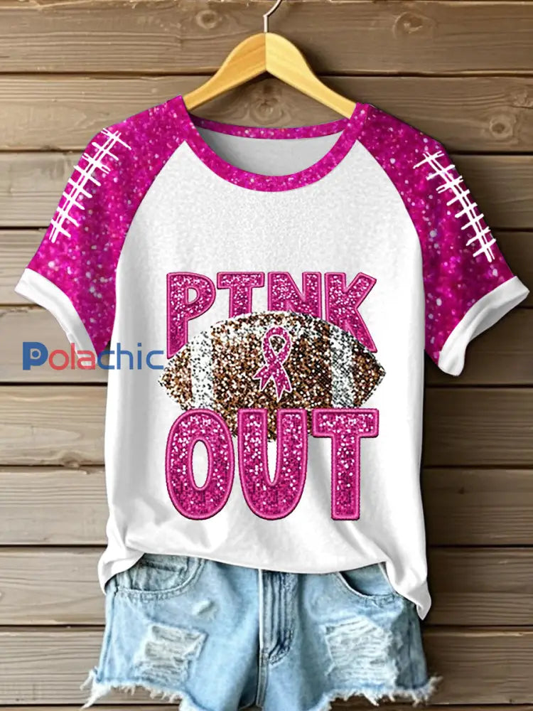 Femmes de sensibilisation au cancer du sein Football rose sur le ruban rose T shirt imprimé Blanc / S