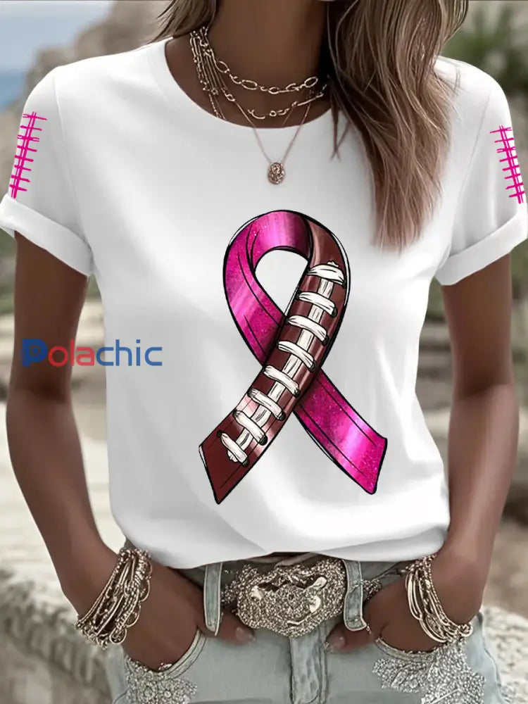Femmes de sensibilisation au cancer du sein Football rose sur le ruban rose T shirt imprimé Blanc / S