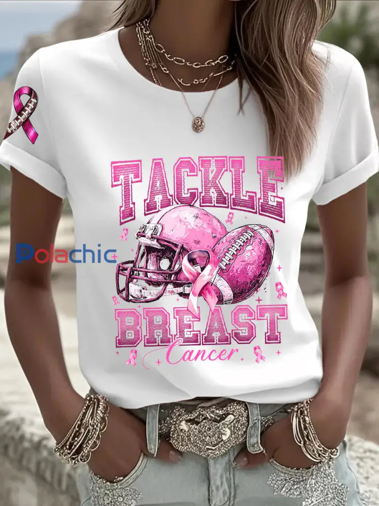 Femmes de sensibilisation au cancer du sein Football rose sur le ruban rose T shirt imprimé Blanc / S
